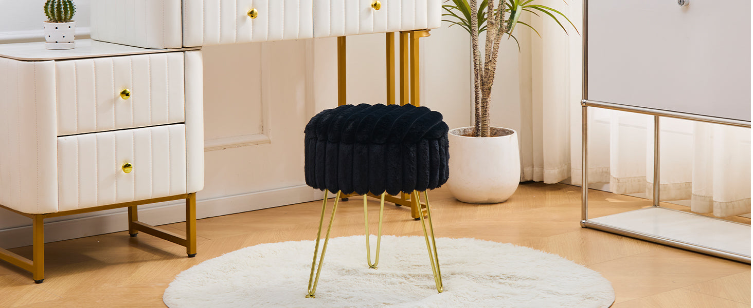 Vanity Stool with Storage, Faux Fur Ottoman Chair with Metal Legs, Round Makeup Vanity Chair for Bedroom or Dressing Table, Modern Small Ottoman Seat (Pink)