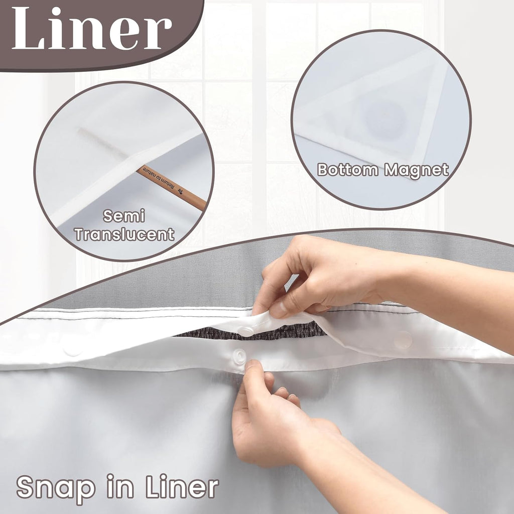 No Hook Slub Textured Shower Curtain with Snap in Liner - Black Fabric Outer Curtain & Waterproof Inner Liner, Hotel Style with See Through Top Window, 71x74 in