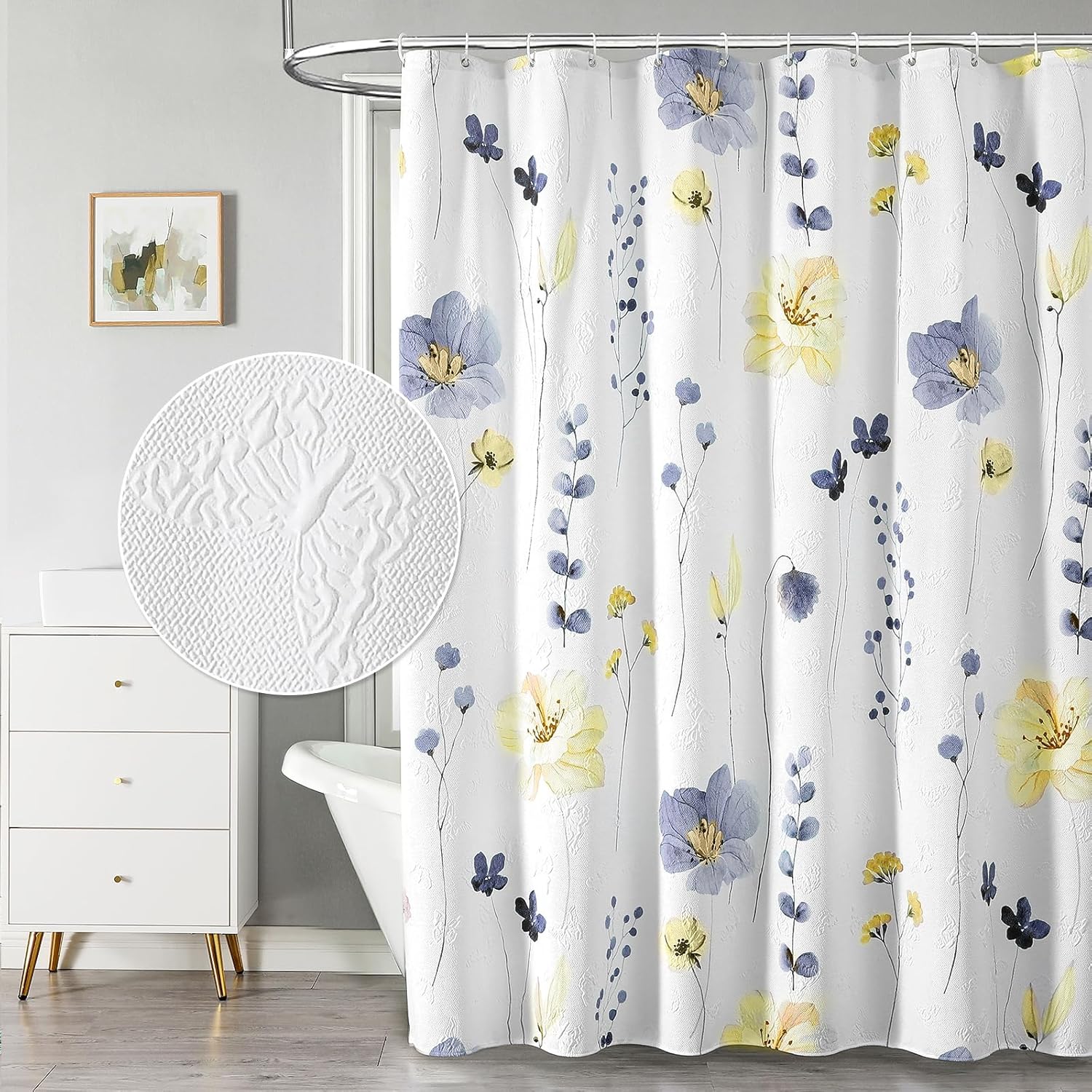 Watercolor Floral Shower Curtain, 3D Embossed Butterflies Grey Beige Flower Bathroom Curtains, Minimalist White Cloth Bath Curtain, Waterproof Fabric Textured Shower Curtain Set with Hooks, 72x72