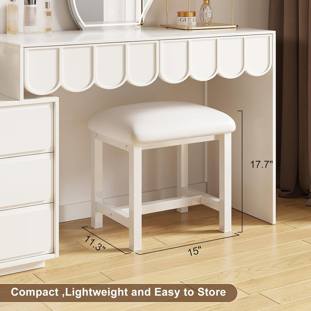 White Vanity Stool, Small Vanity Chair, Cute Makeup Bench Seat with Leather Cushioned, Desk Stools for Bedroom, Bathroom, Entryway, Living Room, Office