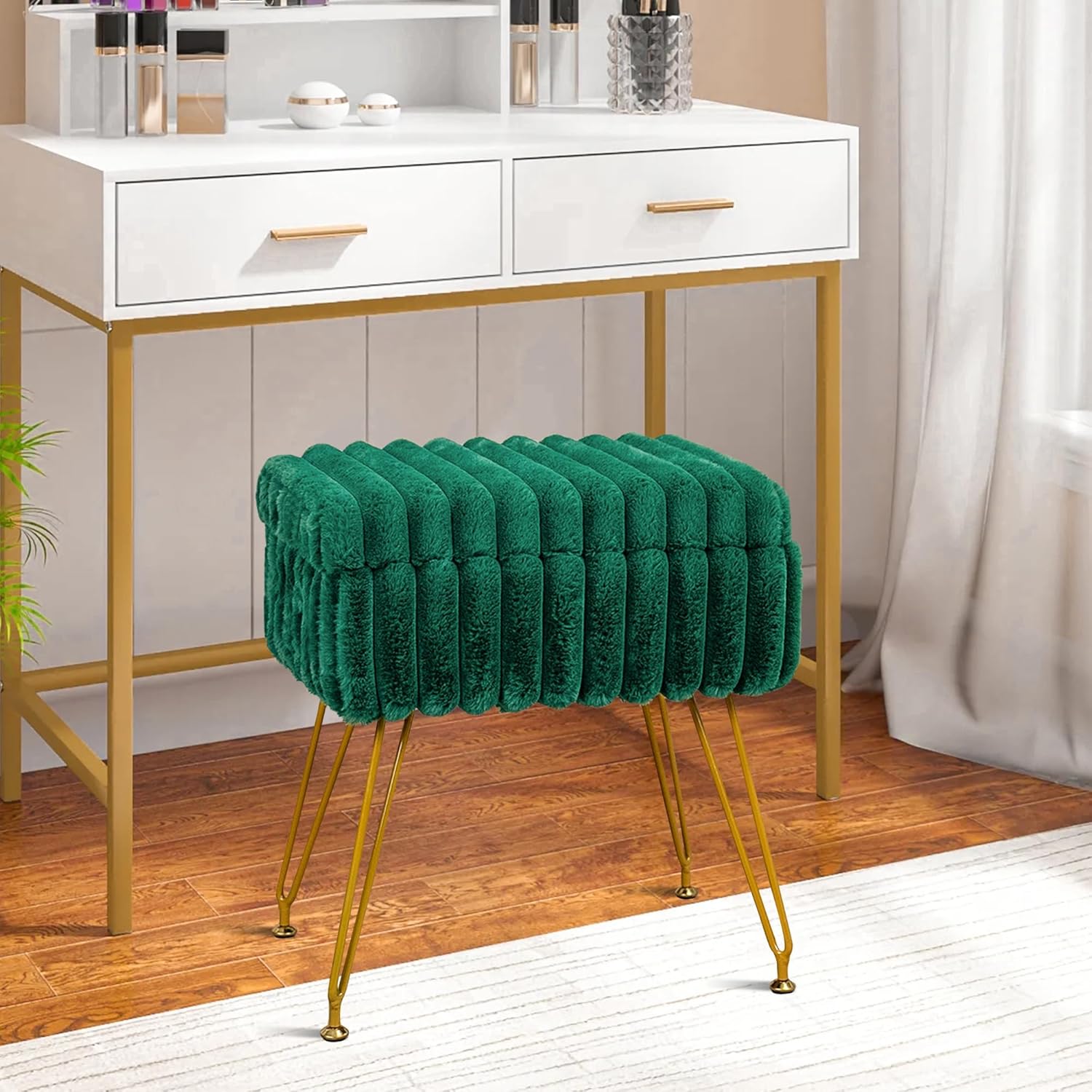Faux Fur White Vanity Stool Chair with Storage Ottoman, Vanity Chair for Makeup Room, Vanity Stools for Bedroom, Footrest with Metal Legs and as a Coffee Table, White