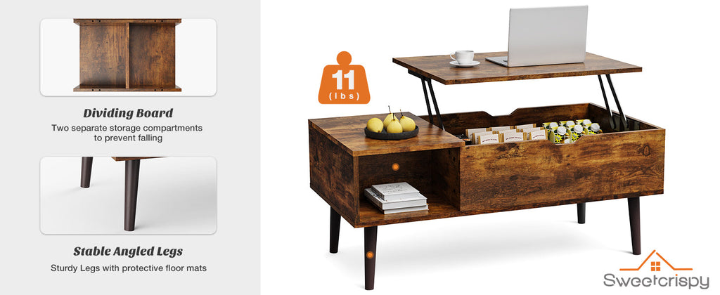 Sweetcrispy Lift Top Coffee Tables for Living Room, Small Rising Wooden Center Tables with Storage Shelf and Hidden Compartment, Brown | Lift Top, Coffee Tables, for Living Room, Rising, Dining Center Tables, with Storage Shelf